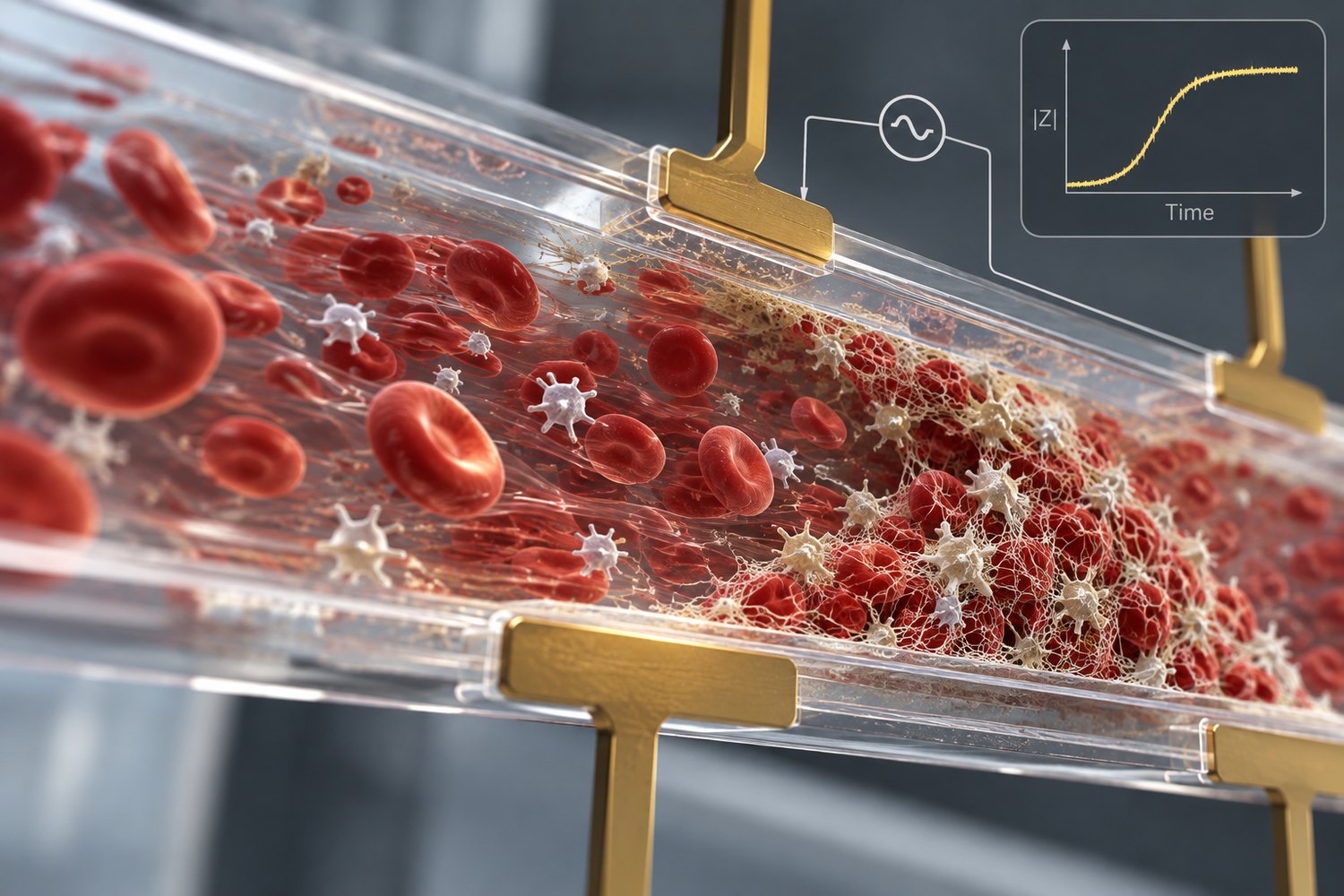 Microfluidic channel with electrodes above and below; red blood cells and platelets flow left to right while a fibrin-rich thrombus builds downstream.