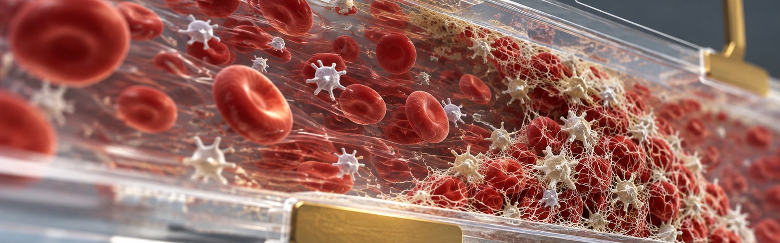 Blood flowing through an electrode-instrumented microfluidic channel.