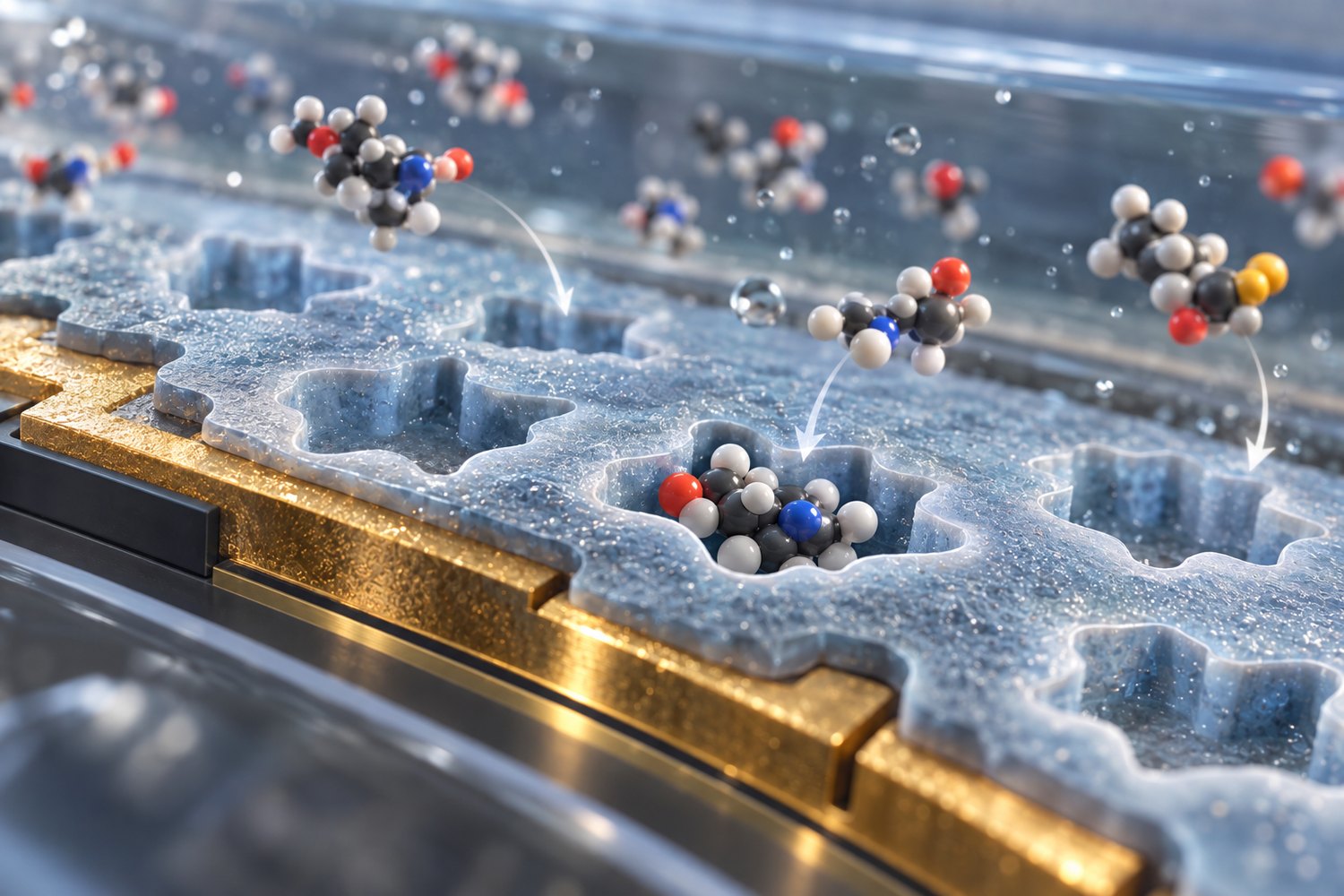 Gold electrode coated with an imprinted polymer film; shaped cavities sit in the film, one occupied by a matching molecule while differently shaped molecules remain in solution.